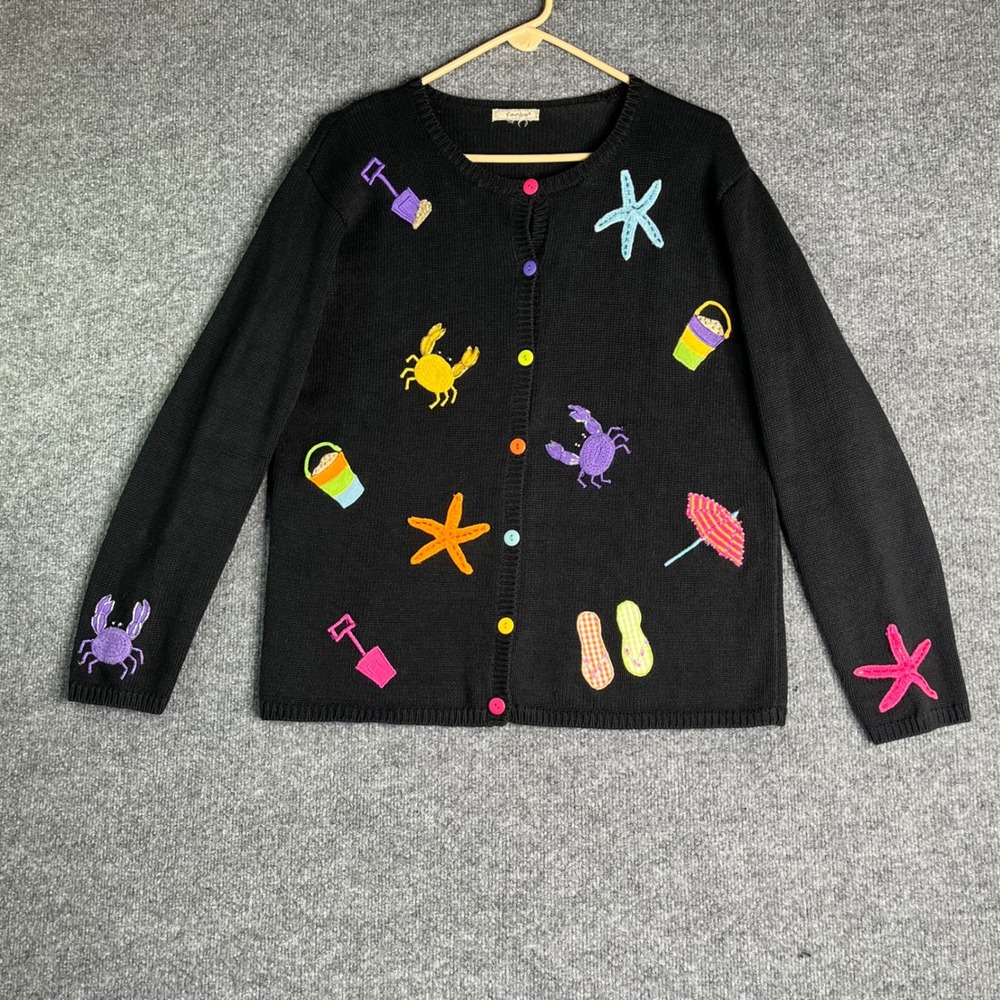 Focus USA Vintage Beach Theme Embroidered Beaded Cardigan Sweater Black Womens L